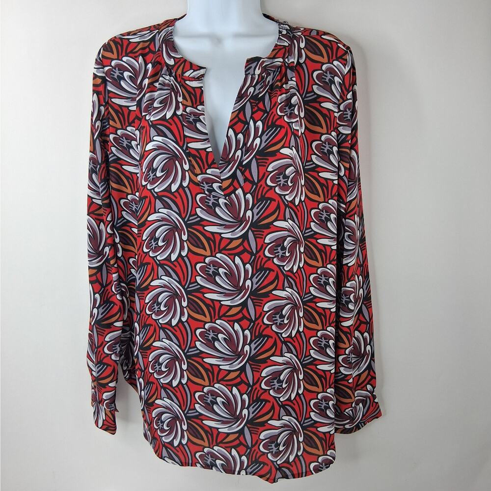 Ann Taylor LOFT Long‎ Sleeve Flowy Top Red Purple Orange Size Small Bold Floral